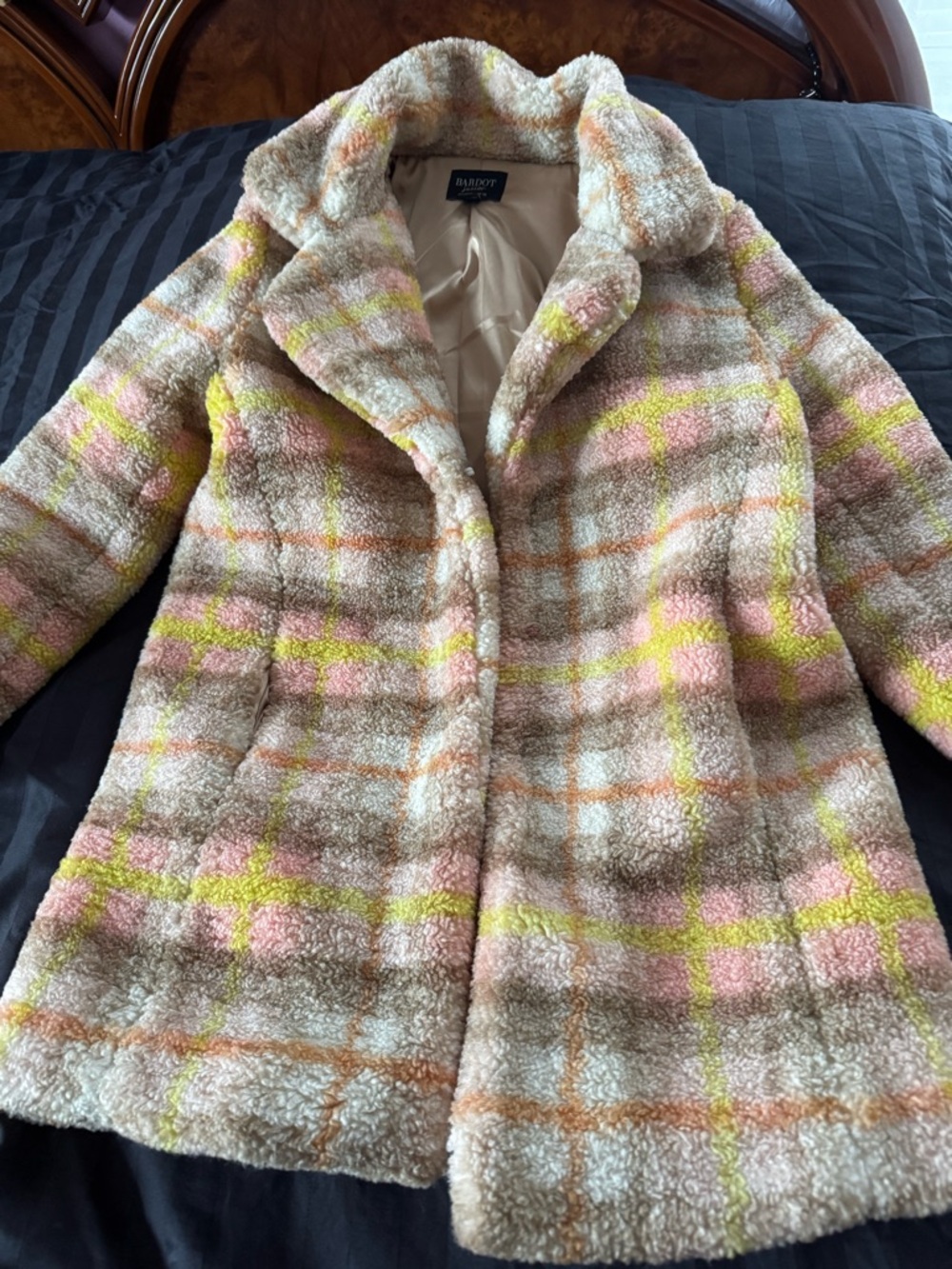 Bardot Pastel Plaid Teddy Coat in Cream, Pink & Yellow